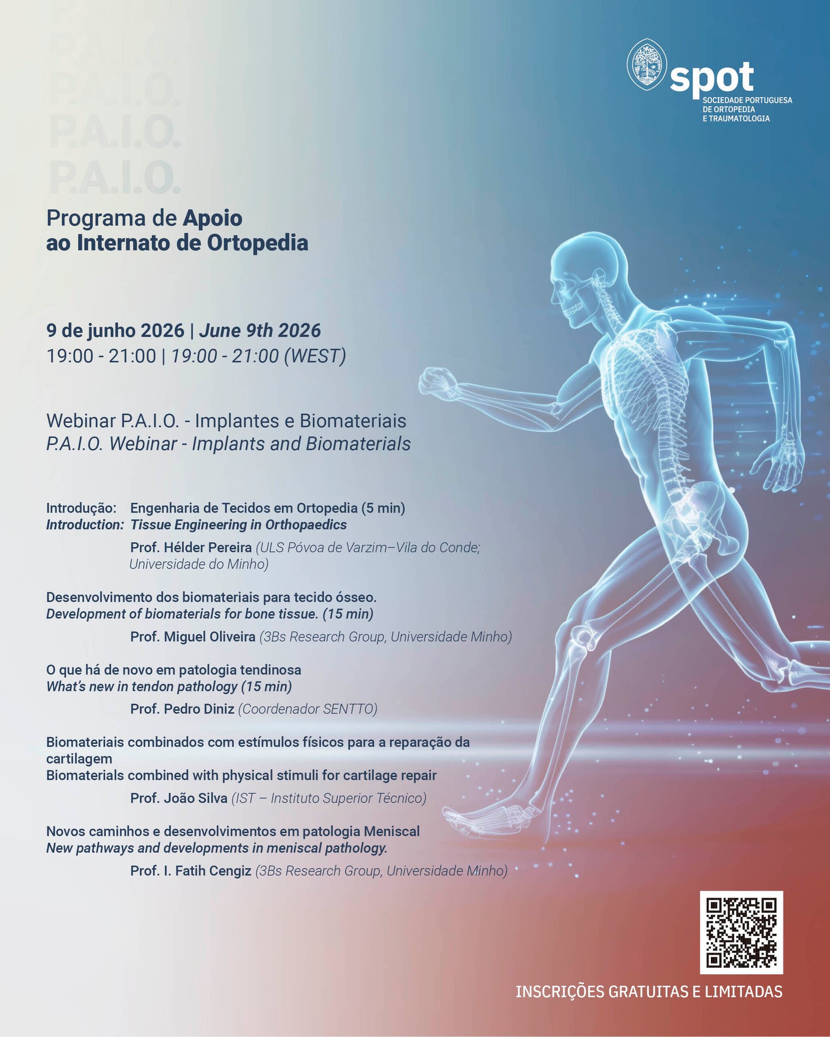 Webinar P.A.I.O. dedicado a Implantes e Biomateriais realiza-se a 9 de junho